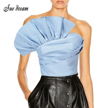 

2020 Summer New Women Fashion Sexy Irregular Ruffled Draped Short Top Slash Neck Fashion Bodycon Party Clud Top