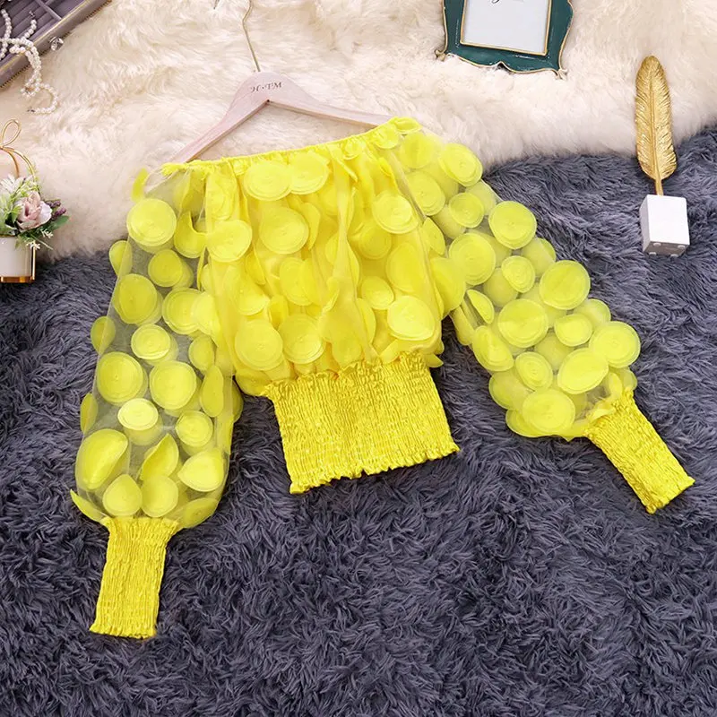 

2019 spring autumn new female slash neck lantern sleeve flower gauze shirt women's solid color mesh short blouse women shirts