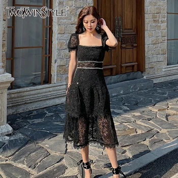 

TWOTWINSTYLE Vintage Hollow Out Women Dress Square Collar Puff Short Sleeve High Waist Patchwork Lace Hit Color Dresses Female
