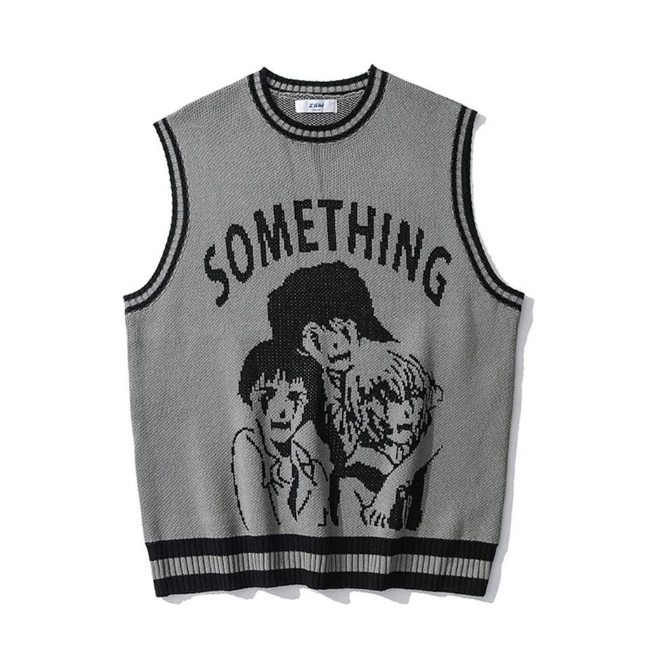 Description Picture 6 of itemCollege Knitted Vest Sweaters Men Women Street Hip Hop Casual Band Cartoons Anime Pattern O-neck Sleeveless Sweaters Tops 2022