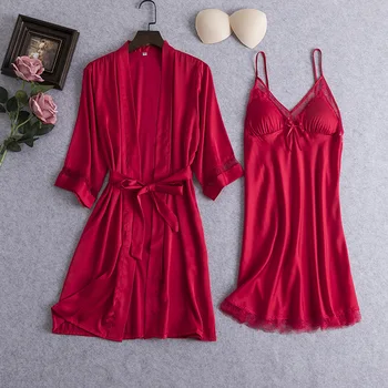 

Lace Patchwork 2PCS Sleep Set Sexy Women Kimono Gown Satin Intimate Lingerie Sleepwear Silky Robe Nightdress Home Clothes