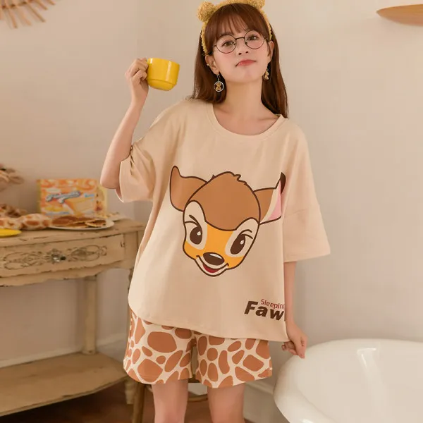 3XL Loose Summer Cotton Pajamas Women's Short Sleeve Shorts Lion King Simba Leopard Print Cute Anime Home Suit Pajama Sets Women 3212
