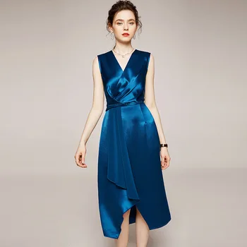 

New triacetic acid dress no sleeve solid color slim V-neck mid long factory source mj1961