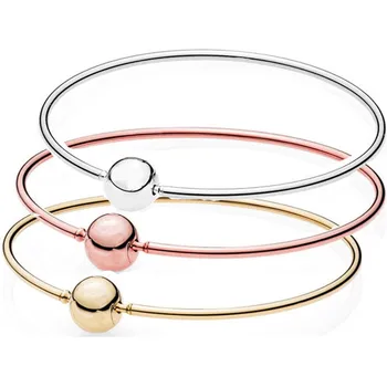 

New 925 Sterling Silver Bangle Rose Gold & Silver Ball Clasp ESSENCE COLLECTION Bracelet Fit Bead Charm DIY Europe Jewelry