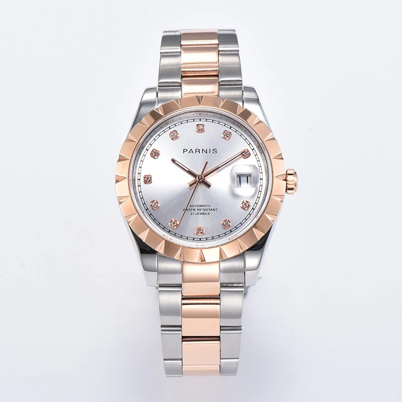 

Parnis 39.5MM Rose Gold Bezel Mechanical Automatic Men Watches Calendar Diamond Scale Men's Watch 2020 box gift zegarki meskie