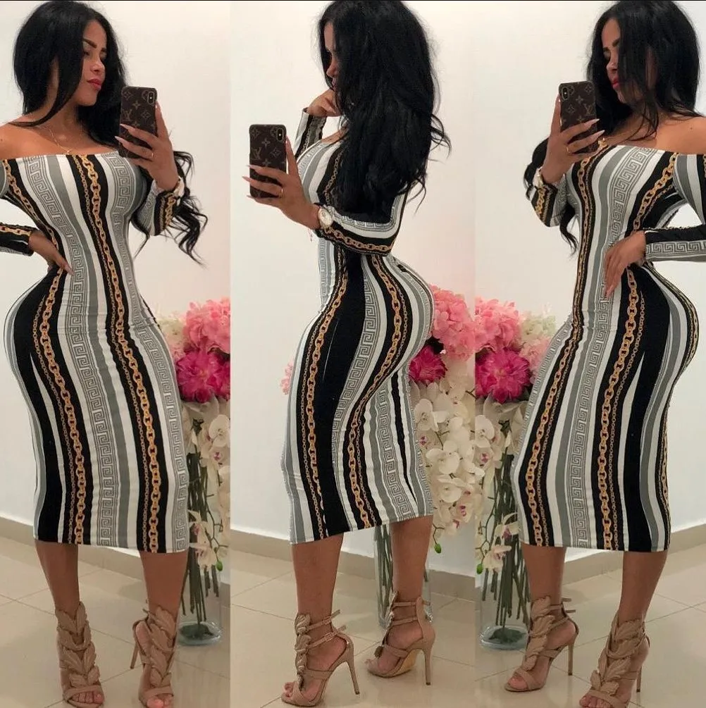 

HANIBABA Chain Stripes Bodycon Dress Print Off Shoulder Soft Sexy Pencil Dresses Casual Party Banquet Female Vestidos Autumn