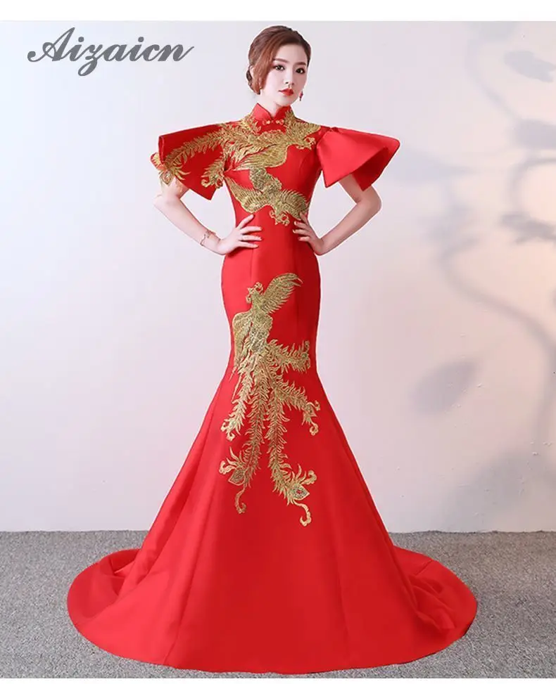 Китайское вечернее платье красная Русалка свадебное Qipao длинное женское феникс вышивка Cheongsam Сексуальная элегантная одежда розовая одежда Vestidos