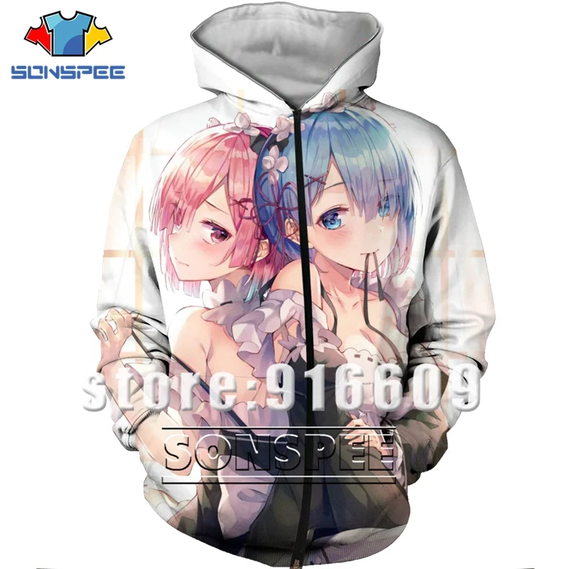 Re Zero Rem 3D Print Hooded Sweatshirt Women Men Ram Anime Hoodies Casual Design Jacket Harajuku style Pullover Zipper Hoodie (8)