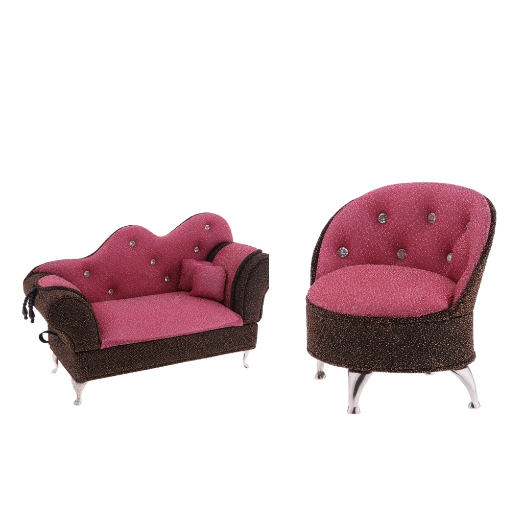 2pcs 1/6 Dollhouse Living Room Furniture Chaise & Single Sofa Set Jewelry Box Accessory