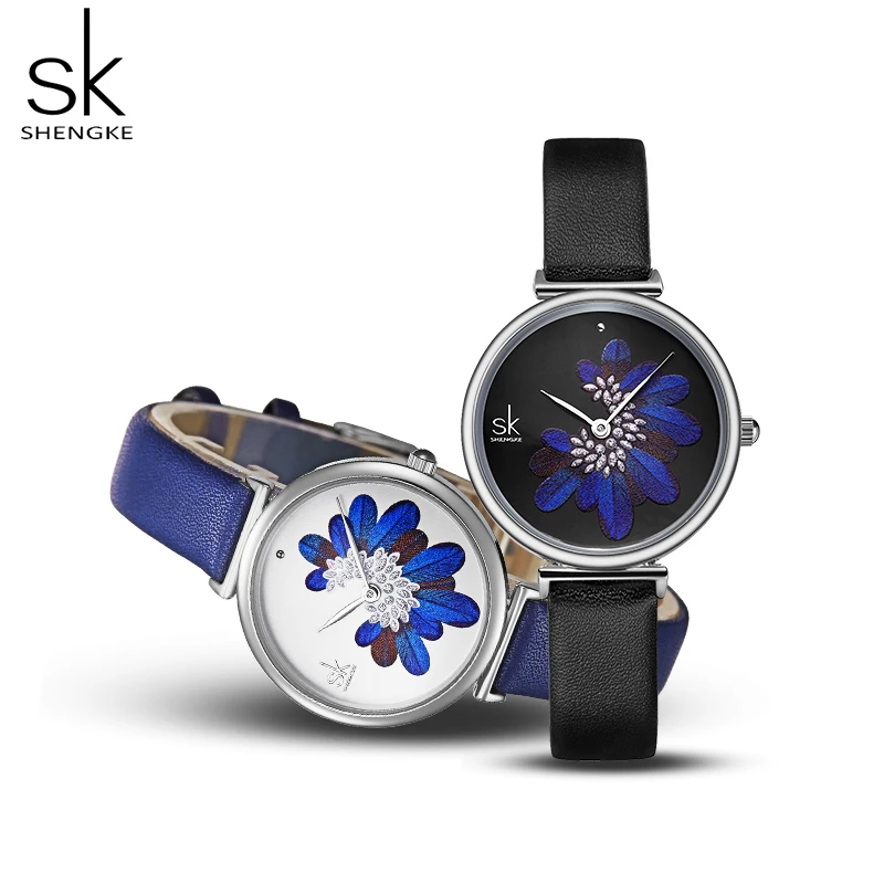 Shengke Новые элегантные женские часы Роскошные с синими перьями 3D принт уникальный стиль Montre Femme с кожаным ремешком японские кварцевые часы