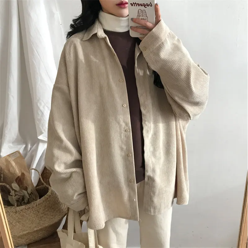 HziriP BF Style Texture Corduroy Chic Retro Soft Sweet Loose Warm Solid Women Oversize Tops Loose A
