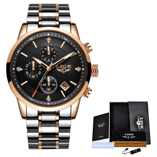Gold black S LIGE мужские часы Топ люксовый бренд спортивные кварцевые часы мужские водонепроницаемые наручные часы с хронографом мужские часы из нержавеющей стали часы с датой - Цвет: Gold black S