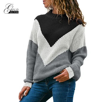 

Gold Hands New Autumn Winter Women Contrast Colors Patchwork Sweater Casual Pullovers O-Neck Knitted Turtleneck Pull Femme