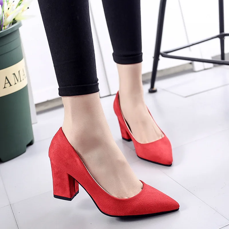 

2019 Spring And Autumn Red Bride Wedding Red Shoes Pointed-Toe Soft-Sole Thick with High Heels WOMEN'S Shoes Semi-high Heeled