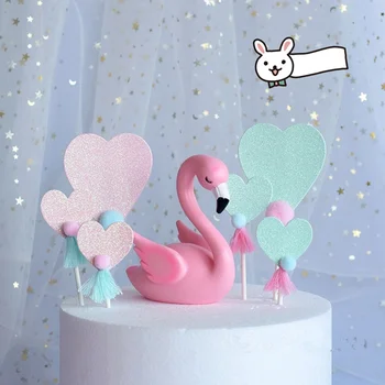 

3 Pcs Pink Flamingo Heart Tassel Pompom Cake Topper Card Inserted Dessert Cupcake Birthday Unicorn Party Wedding Decorations