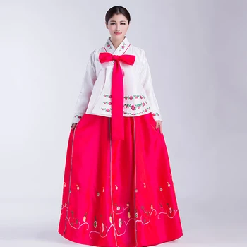 

2020 women hanbok v neck full sleeve long dress korean traditional costume floral embroidery female performance dance suit