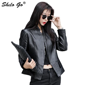 

Genuine Leather Blazer Black Highstreet Mock Neck Sheepskin Coat Women Autumn Casual Office Lady Workwear Slim Outwear Female