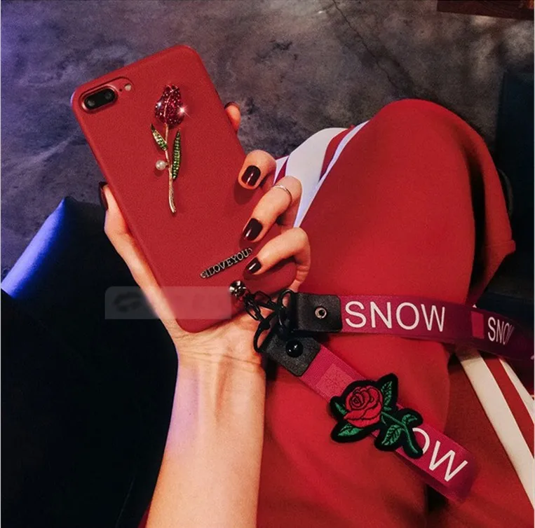 Чехол для iPhone 11 XR 7 8 Pro Max X XS Plus 6 6s чехол с ремешком красная роза жемчугом и стразами