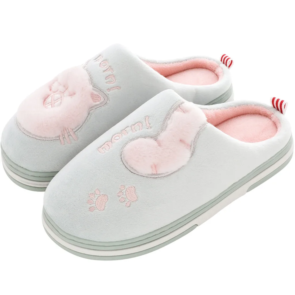

SAGACE Slippers Women Cartoon Print Flock Fabric Interior Plush Round Head Low Slope Slip-On Large Size Winter Slippers Women