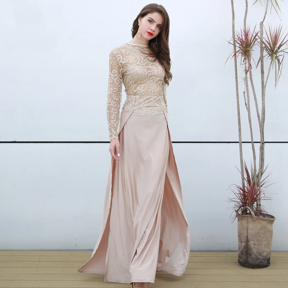 

2019 Europe And America Autumn And Winter Dress Sexy Shiny Half-Turtle-Neck Transparent Long Sleeve Sequin Lower Body Slit Long