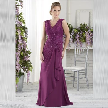 

2020 Graceful A Line Purple Chiffon V Neck Mother of the Bride Dresses Back Out Wedding Party Dress Lace Beaded Mother Gowns