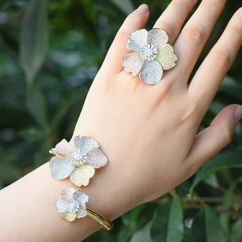 

GODKI Luxury Flower African Bangle Ring Set Jewelry Set For Women Wedding Cubic Zircon Crystal CZ Dubai Bridal Jewelry Set 2020