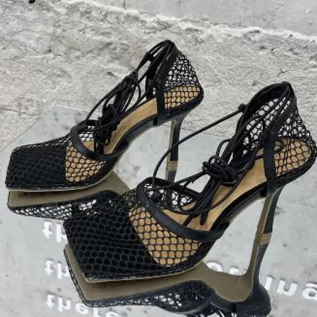 2021 New Sexy Yellow Mesh Pumps Sandals Female Square Toe High Heel Lace Up Cross Tied Stiletto Hollow Dress Shoes Ytmtloy 2