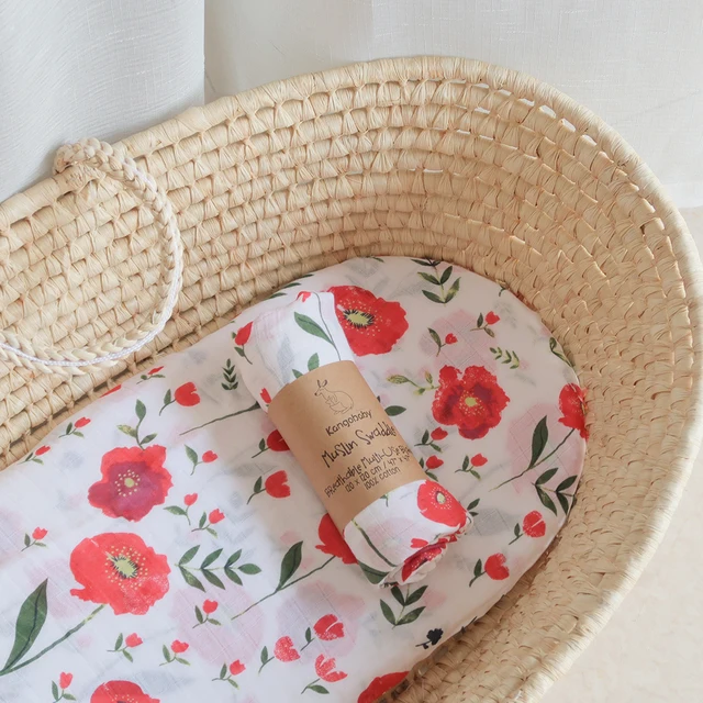 Kangobaby Fashion Muslin Swaddle Cloth Diaper Wrap Baby Receiving Blanket Squares Babyroom Decor 120x120cm 100% Cotton Poppies