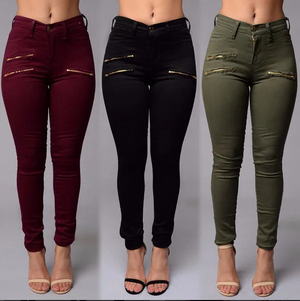 

High Waist Stretch Pants with Zipper Woman Slim Fit Elasticity Skinny Pencil Trousers Female Black Army Green Wine Red Plus Size