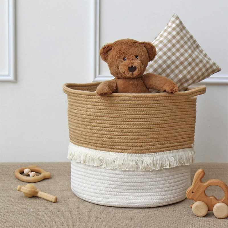 Cotton Storage Basket with Long Handles Decorative Clothes Hamper