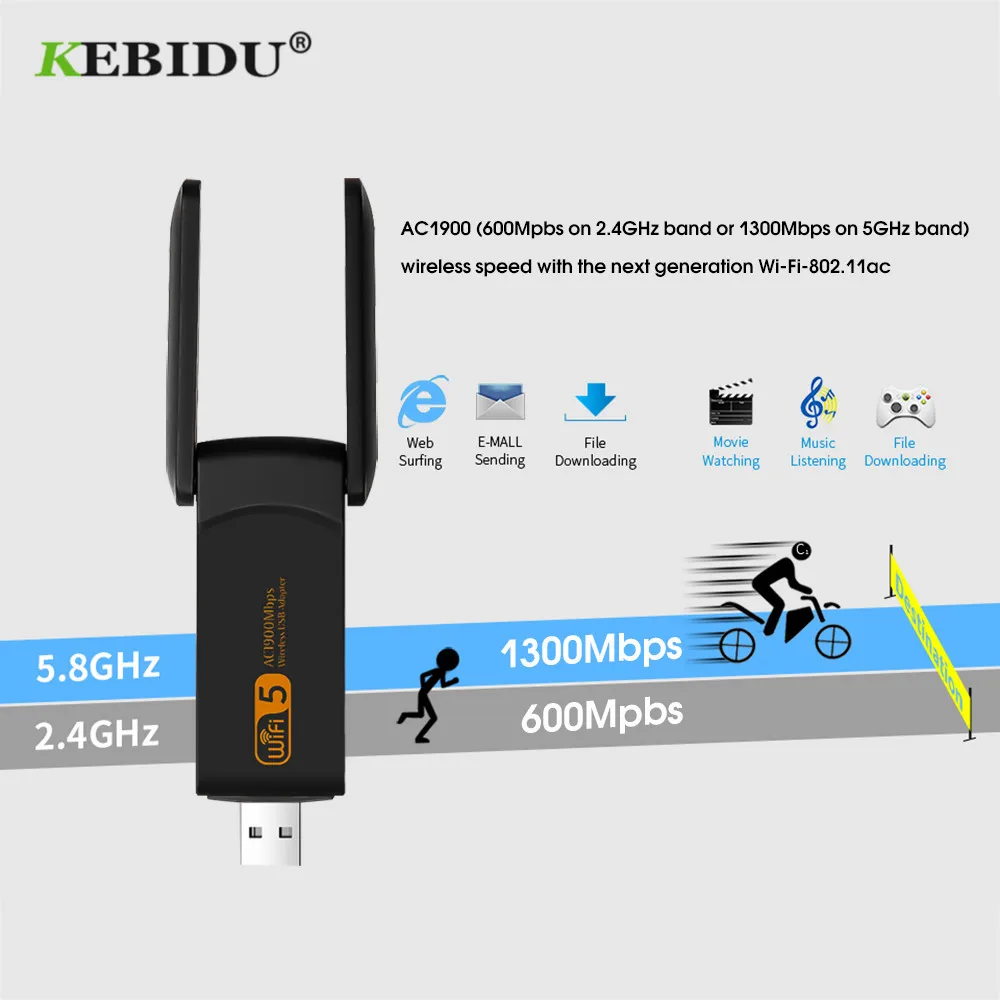 KEBIDU usb wi-fi adapter 1900mbps 2.4GHz 5.0GHz External Wireless Network Card Dual Band Wifi Receiver Adapter for Desktop | Компьютеры и