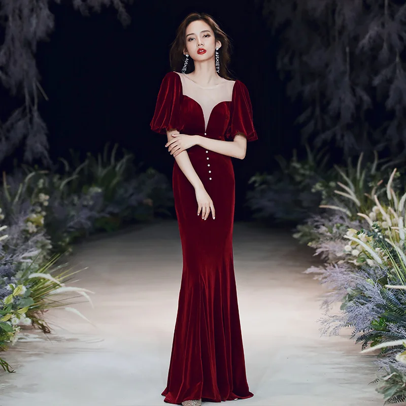 

Elegant Square Collar Velour Mermaid Evening Dress Back Zipper Women Formal Gowns Robe De Soiree Cheongsam Size 3XL