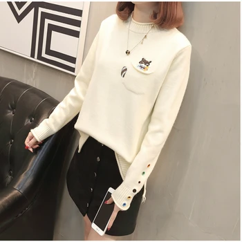 

2019 Winter Fashion Knitted Sweater Women O Neck Single-breasted Cartoon Embroidery Pocket Jumper Pull Femme Pullovers Knitwear