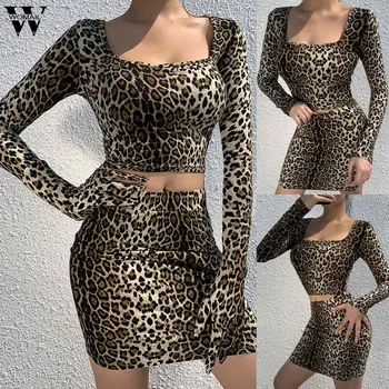 

Womail tracksuit Women 2 Pieces Set Leopard Print Long Sleeve Shirt+Mini Skirt Gloves Suit sexy female Tracksuit Party club