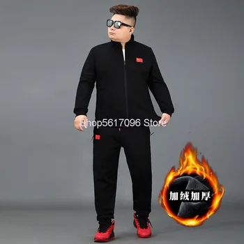 

Big Size Men's Wear Winter Keep Warm Suit Leisure Embossing Black Plus Fat Plus Plus Velvet Sweater Sports Suit