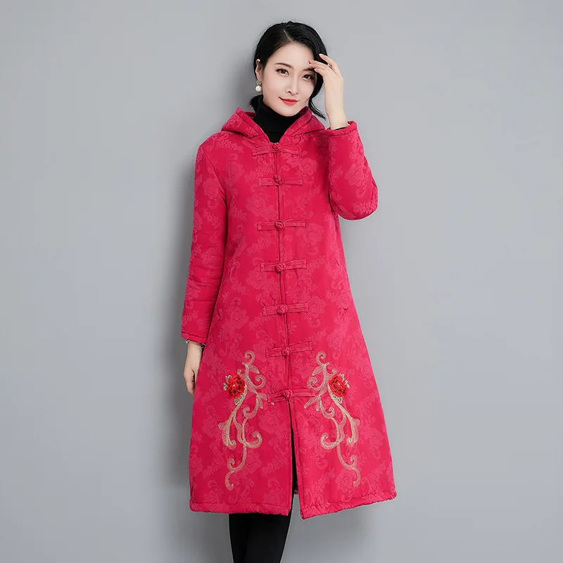 

2018 Winter New Embroidered Cotton Linen Large Size Hooded Waist Hugging Middle Long Coat Retro Frog Female Coat