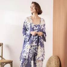 Осенняя Новинка, Дамский пижамный комплект, элегантный, с цветочным принтом, синий, Femme, свободный, комфортный, 3 предмета, одежда для сна, кардиган+ камзол+ штаны, домашняя одежда