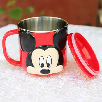 

1PC Children Mickey Mouse Water Cup Kids Cartoon Anti-drop Minne Mugs 304 Stainless Steel Leakage-proof Cup 280ml with Lid