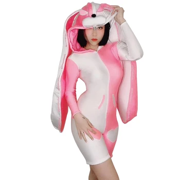 

Halloween Carnival Party Pink Rabbit Cosplay Jumpsuit Women Stretch Skinny Big Ear Bunny Role Playing Playsuits Dancer Bodysuit
