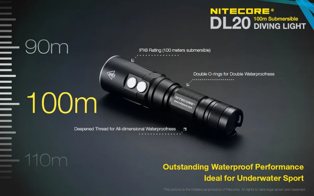 NITECORE DL20 подводный фонарик CREE XP-L HI V3 max 1000lm бросок 223 м 100 м Водонепроницаемый погружной Дайвинг свет с батареей