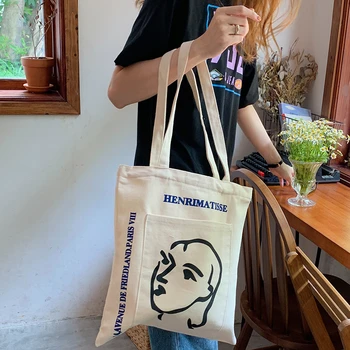 

Original Design Unique Chic Canvas Literary Abstract Lines Face Shoulder Bag Student Girl Portable Environmental Protection Bag
