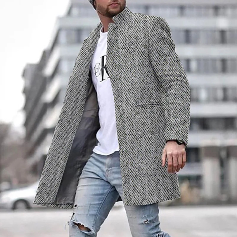 2021 European and American windbreaker men's medium long solid color suit collar coat fashion texture warm | Мужская одежда
