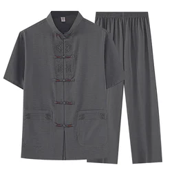 Chinese Clothing for Men Suit Embroidery Short Sleeve Tops Trousers Taichi Uniform Summer Male Hanfu Shirts Pants
