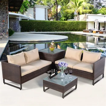 

4 Pcs Brown Rattan Wicker Patio Sofa Set with Pragmatic Table Soft Breathable Seat Storage Box Outdoor Patio Furniture HW51601