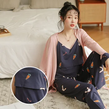 

3PCS/Set Sweet Printed Cotton Maternity Nursing Pajamas Suit Autumn Feeding Sleepwear for Pregnant Women Pregnancy Nightwear Set