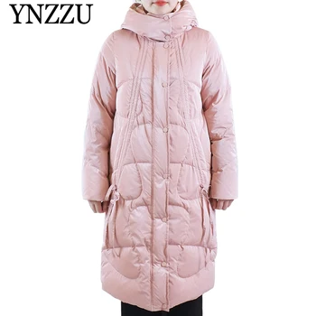 

2019 Winter Women Long Down jackets with hooded Coated fabric Bright Fashion Female Down coat Loose Blue Overcoat YNZZU YO994