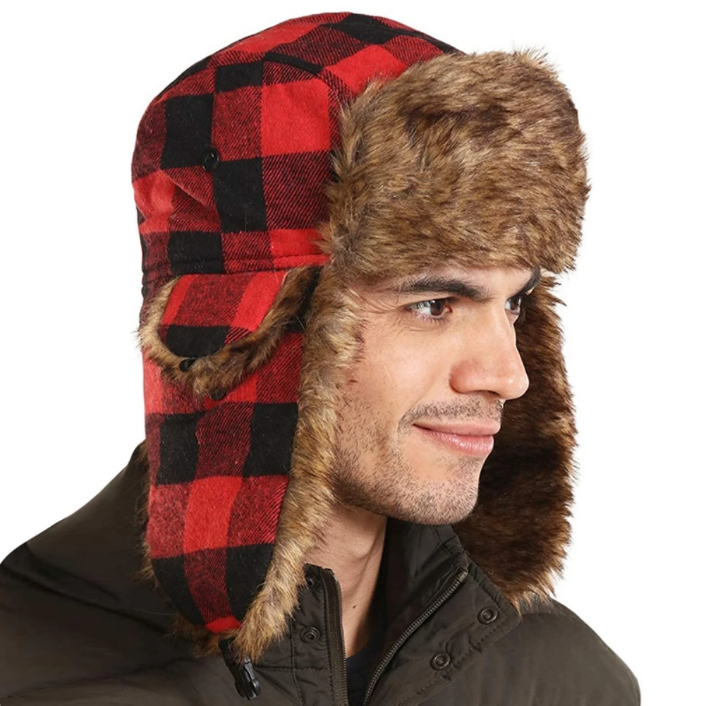 Cycling Plaid Trapper Bomber Fur Hats for Skiing Skating Snowboarding Winter Warm Camping Hiking Men Women Ear Protector Caps