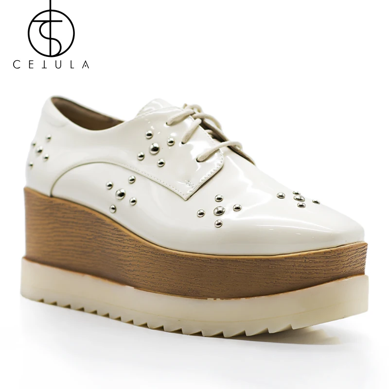 

Cetula 2019 Handcrafted Classic Lace-up Cross Studs Patent Women Jazz Brogues Oxford Dress Shoes ft. Wood Texture Platform