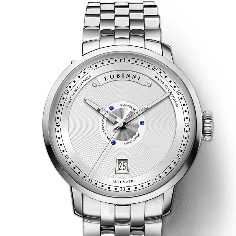 Switzerland LOBINNI автоматические мужские часы люксовый бренд Авто Механические Мужские часы сапфир 50 м Водонепроницаемые кожаные новые Relogio - Цвет: White Silver Steel