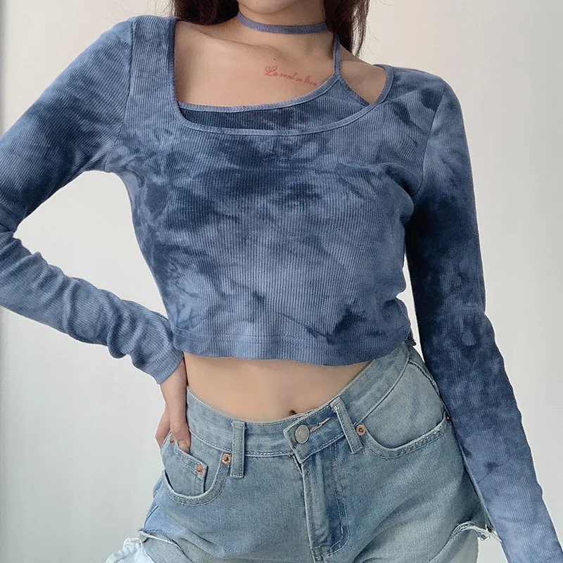 

Fall 2020 Women Tie-dye Halter Tops Long Sleeve Short Shirt Unique Lace up Exposed Navel Pullover T-shirt Clothes For Women